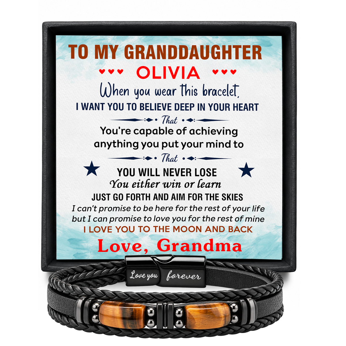 To My Granddaughter personalized leather bracelet keepsake message card mockup