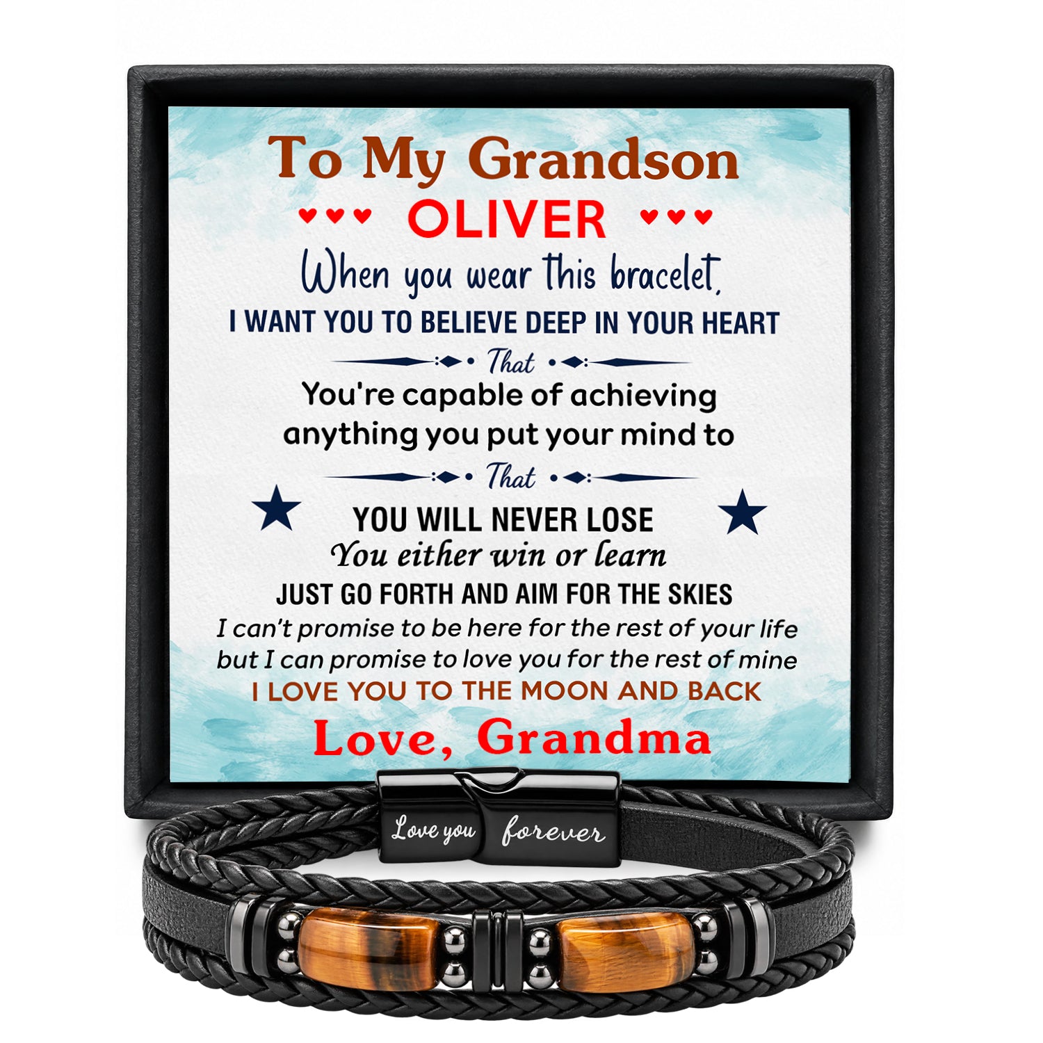 To My Grandson personalized leather bracelet main product photo with keepsake message card