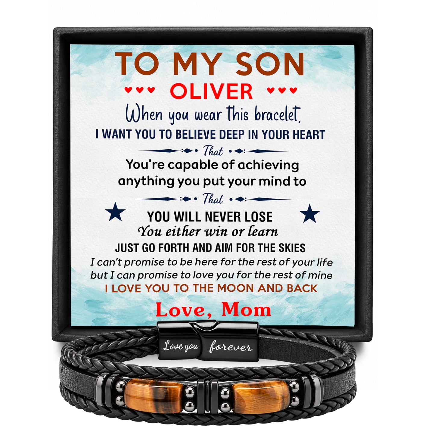 To My Son personalized leather bracelet keepsake message card mockup
