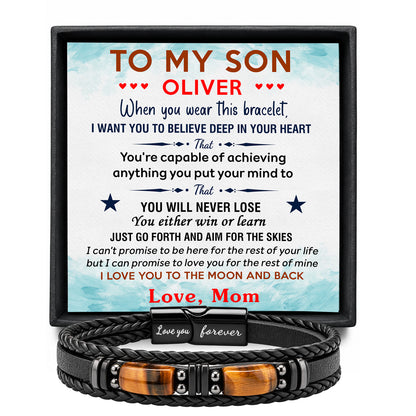 To My Son personalized leather bracelet keepsake message card mockup