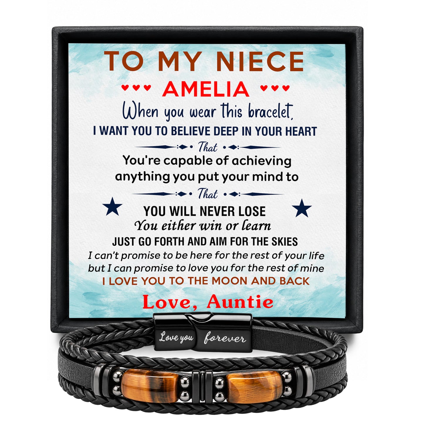 To My Niece personalized leather bracelet keepsake message card mockup